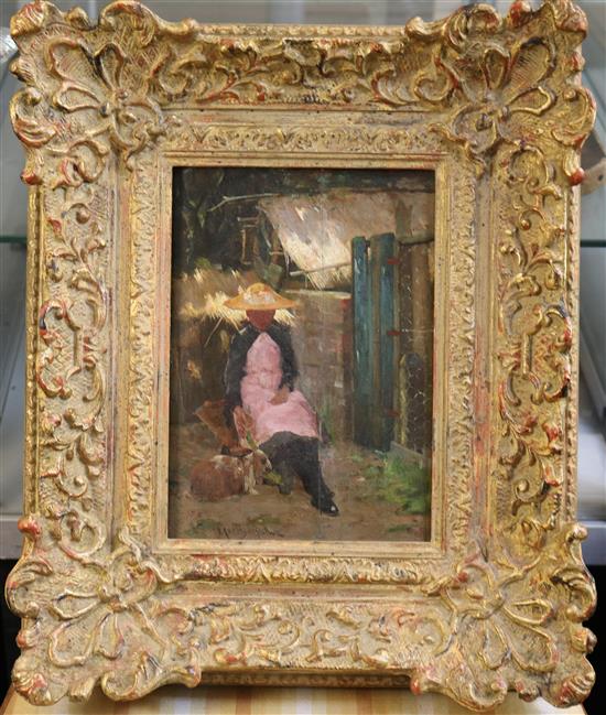 James Coutts Michie (1859-1919) Seated woman beside a rabbit hutch 10 x 7in.